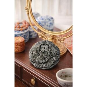 Chinese 1970s Black Nephrite Jade Phoenix & Double Happiness Pendant, 2”